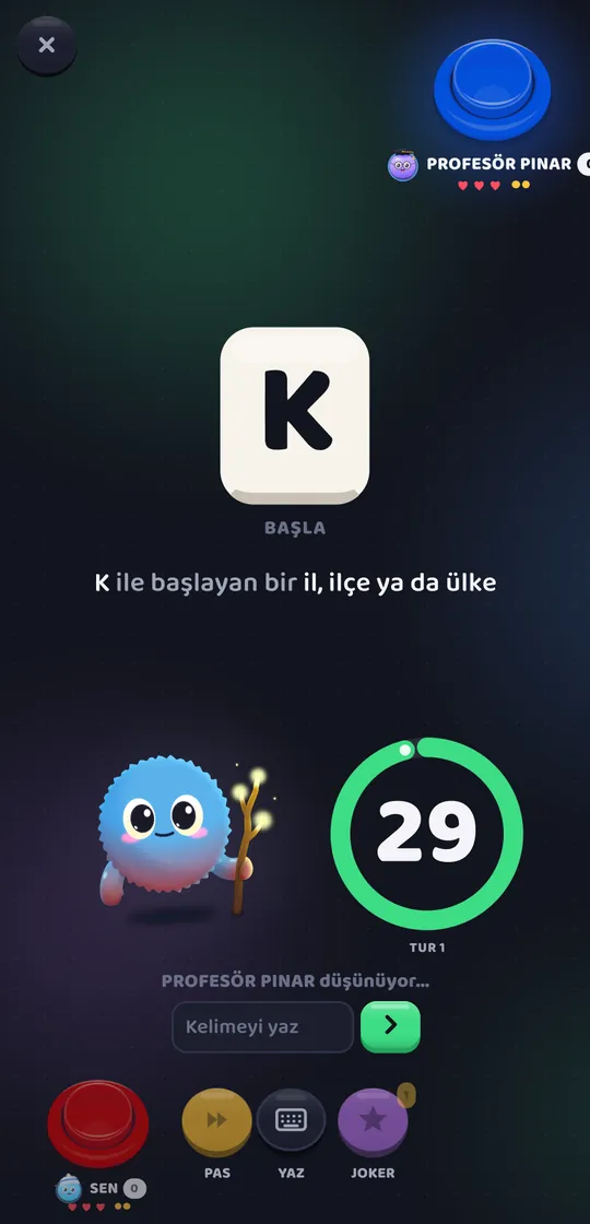 Ekranın ortasında büyük K harfi: K ile başlayan bir il, ilçe ya da ülke