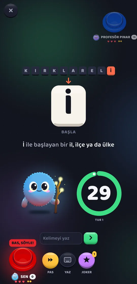 KIRKLARELİ cevabının son harfi İ yeni turun harfi oluyor